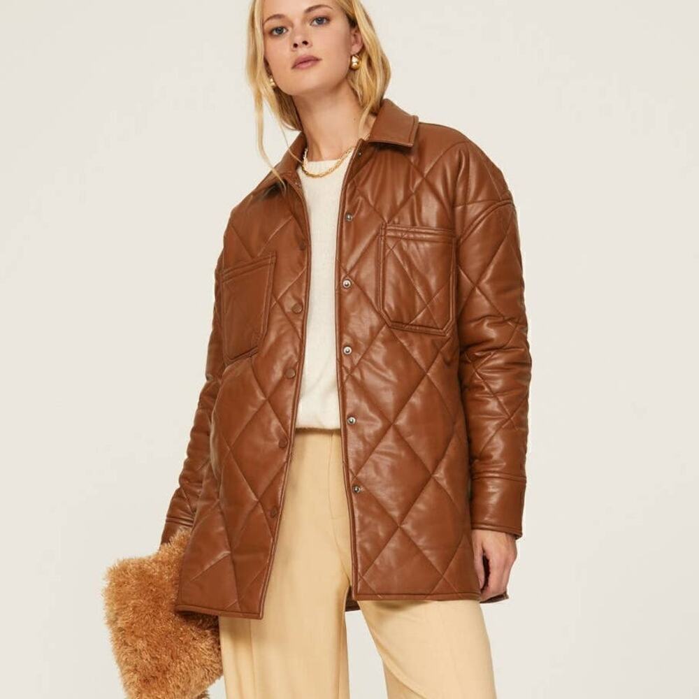 Slate & Willow Quilted Jacket Faux Leather Shacket Brown M